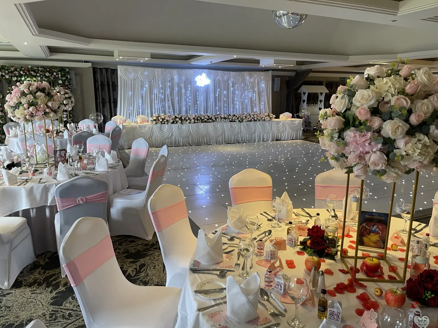 Complete Scottish wedding room styled with a white LED dance floor and lighting